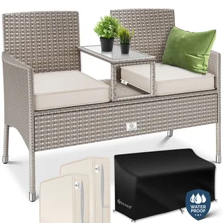 Kesser KESSER® Polyrattan Gartenbank 2-Sitzer Bank mit integriertem Tisch - Kissen - 133 × 55 × 84 cm Rattan Sitzbank Garten Balkon Gartensofa wetterfest Sitzgruppe Ultra Stabile