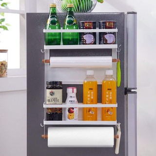 Magnetischer Kühlschrank-Organizer, magnetisches Gewürzregal mit Papierhandtuchhalter und 5 mobilen Haken, 4-stufiges magnetisches Kühlschrankregal in der Küche für bis zu 20 kg, Weiß