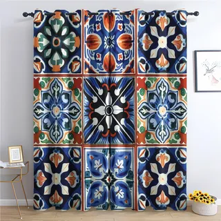 QEODAH Marokkanische Vorhänge Bunte Orientalische Patchwork Verdunklungsvorhänge, Vorhang Blickdicht Gardinen mit Ösen, Schlafzimmer Wohnzimmer Deko, Thermovorhang 2er Set H 137 x B 117 cm