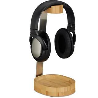 Relaxdays Kopfhörer Ständer, Bambus, Metall, Headset Halterung On & Over Ear Kopfhörer, Ablage, elegantes Design, natur