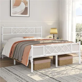 Yaheetech Metallbett Bettgestell mit Kreuzdesign Kopfteil, 140 x 200 cm Bettrahmen, Weiß - Weiß