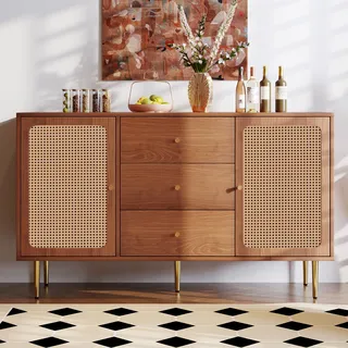 ModernLuxe -Sideboard Mit Rattan Einsatz, mit Schubladen und Verstellbare Ablage, für Schlafzimmer & alle Wohnräume, Nussbaum (150 x90x 40 cm)