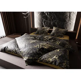 BETTWAESCHE-MIT-STIL Bettwäsche Mako Satin Bettwäsche Marmor schwarz / gold, Mako-Satin