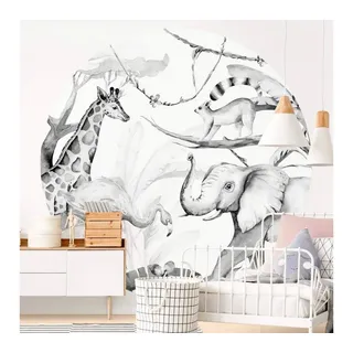 K&L Wall Art Fototapete Fototapete Kvilis Dschungel Tiere Waldtiere Vliestapete Rund Tapete, Safari Tapete schwarz 1.4 m x 1.4 m