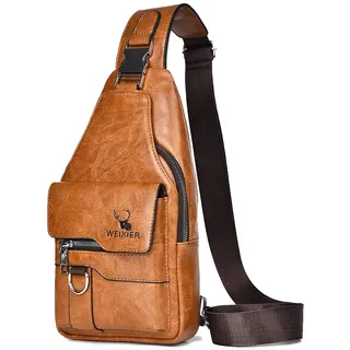 A-QMZL Brusttasche für Herren, aus Leder, Schultertasche, Umhängetasche, lässig, Schultertasche, wasserdicht, Crossbody, für Reisen und Arbeit, hellbraun, Retro - 15 cm x 6 cm x 30 cm