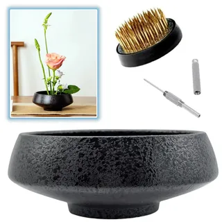 Eggone Japanisches Ikebana-Vasen-Set, flacher Behälter aus Keramik, Blumenarrangement, Vase mit 4 cm Blumenfrosch und 2-in-1 Kenzan-Nadel-Glättungswerkzeug