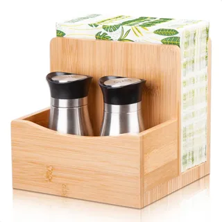 MOLEDINO Serviettenhalter aus Holz mit Caddy für Salzstreuer und Pfefferstreuer,Bambus Serviettenhalter stehend für KüChe Tisch Aufrechter Serviettenständer für Outdoor Cocktail Restaurant