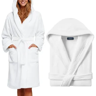CALMONT Damenbademantel CALMONT - Bademantel Damen aus 100% Baumwolle Frottee mit Kapuze, Kapuze, Gürtel, Kapuze, Große Taschen, Gürtel, Aufhängeschlaufe weiß S