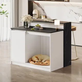 RAPRAP Multifunktionaler Kücheninsel mit Haustierruhebereich für Küche & Esszimmer, Weiß + schwarze Marmoroptik, 120×80×100cm,E,Nicht Ausziehbar