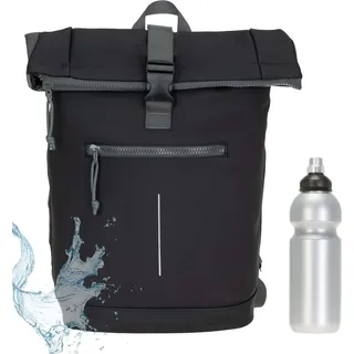 Rucksack Herren Jungen Kurierrucksack New Rebels Tim XL A4 Laptopfach Roll-Top Daypack 511289 00 Schwarz Schwarz + bagboom® Flasche - Schwarz/Dunkelgrau