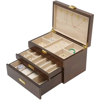 chennnls Holz Schmuckkasten – 3 Schicht Schmuckorganizer mit Schubladen, 30 x 20 x 20 cm, Retro Schmuckbox aus Samt für Ringe, Halsketten & Uhren (3 Schicht - Schwarznuss)