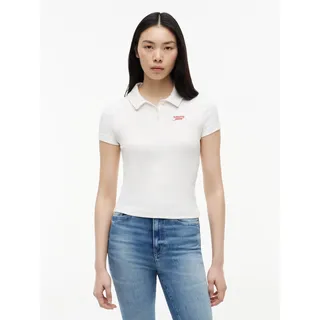 Poloshirt TOMMY JEANS "TJW SLIM RIB SCRIPT POLO", Damen, Gr. S (36/38), weiß (ecru), Single Jersey, Obermaterial: 95% Baumwolle, 5% Elasthan, unifarben, slim fit normal, Rundhals, Shirts, Baumwollmischung, slim fit, figurbetont, in gerippter Struktur