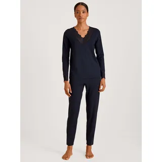 Schlafanzug CALIDA "Elegant Dreams", Damen, Gr. S (40/42), blau (schwarz lapis blau), Single Jersey, Obermaterial: 95% Modal (TENCELTM), 5% Elasthan, leicht transparent, unifarben, comfort fit lang, V-Ausschnitt, Homewear-Sets Schlafanzug, Spitze an Ausschnitt und Bündchen, Single Jersey, elastisch, weich