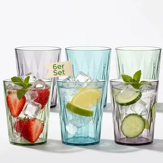 Hausfelder Tritan Trinkgläser bunt 360ml – bruchsichere Camping Gläser | 6er Set, buntes Farbset, 360 ml, jedem seine Farbe, leicht & stapelbar, klar wie Glas, für Familie & Garten