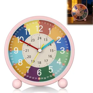 AOOTE Wecker Kinder,Kinderwecker Ohne Ticken, Kinderwecker Analog Ohne Ticken Lernwecker für Jungen und Mädchen, Kinderweckers Lernweckerfür Schulanfänge Batteriebetriebene(Rosa-1)