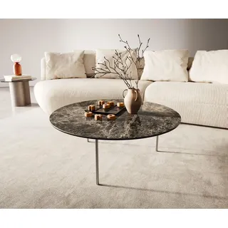 DELIFE Couchtisch Edge Rund 90x90 cm Keramik Emperador Extra Lucidato Dunkelbraun Trive Edelstahl gebürstet - Dunkelbraun/Braun