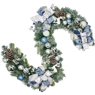 Weihnachtsgirlande für Weihnachten - Blauer Girlande mit Weihnachtskugeln, Beeren, Tannenzapfen und Schleife, Künstliche Girlande Weihnachtsdeko Wanddeko, 1,8 M