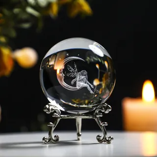 ZEERSHEE 60 mm 3D-Kristallkugel mit Ständer Glas Laser Mond und Feenkugel Ornament Kristall Briefbeschwerer Figur Home Art Decor Handwerk mit Metallständer Geschenke für Frauen