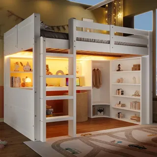 Hochbett,140x200cm, Mit LED-Leuchten,Kleiderschrank, Schreibtisch, Schubladen, Staufächer, Ohne Matratze, Weiß - Weiß