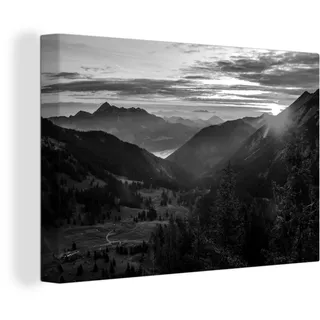 OneMillionCanvasses® Leinwandbild Sonnenaufgang hinter den Bergen - schwarz und weiß, (1 St), Wandbild für alle Wohnbereiche, Gemälde, XXL, großes, 120x80 cm bunt