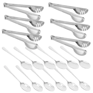 18 Stück Servierbesteckset aus Edelstahl für Buffet und Küche | Buffetlöffel, Schaumlöffel und Salatzange, Silberfarben, Robust und Leicht zu Reinigen