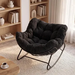 WOLTU Schaukelstuhl, eiförmiger Schaukelsessel Indoor, Chenille Schwarz | Relaxsessel mit Sitzkissen gepolstert, mit Metallrahmen, bis 150 kg, 102,5T x 91B x 77H cm, für Schlafzimmer Wohnzimmer