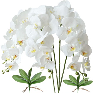 FagusHome 4 Stück künstliche Phalaenopsis Orchideen Blumen Weiß 80cm mit Künstliche Orchidee Blätter 2 Bündeln für Deko (4)