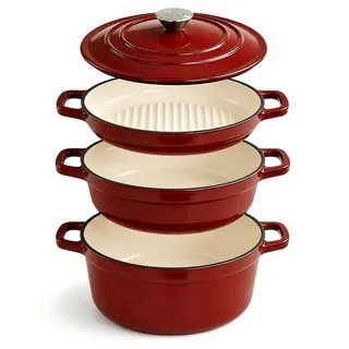 AHJ Gusseisen Topfset Emailliert, 4-teilig Dutch Oven,Induktion, 25cm, Rot | 4,5 L Brotbacktopf, 2,5 L Bräter & 1,2 L Grillpfanne, stapelbar, Induktion, bis 260 °C, Rezept & Pflegeheft
