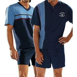 Le Jogger, Herren, Pyjama, kurzer Schlafanzug Shorty Qualität hautfreundlich Baumwolle 2 Stück, Blau, (52, 54)