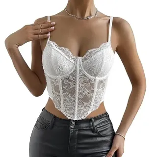 Haibang Damen Crop Top Spitze Sexy Spaghetti Bauchfrei Oberteile V-Ausschnitt Bralette Spitzen Corset Korsett Slim Fit Camisole Spitzentop Sommer Cami Tank Top - M
