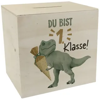speecheese Spardose Dino mit Schultüte Spardose aus Holz mit Spruch Du bist 1. Klasse!
