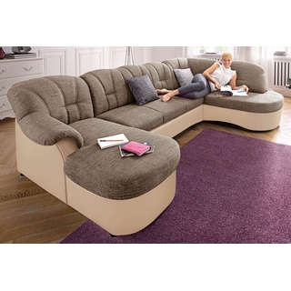 Wohnlandschaft DOMO COLLECTION "Flores" Sofas Gr. B/H/T: 293 cm x 86 cm x 82 cm, Kunstleder SOFTLUX-Struktur, Recamiere links, ohne Bettfunktion-ohne Federkern, braun (creme, beige, braun) Wohnlandschaften wahlweise mit Bettfunktion, Federkern