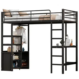 Flieks Hochbett Metall Kinderbett 90x200cm Ladenfunktion Schreibtisch Schrank Regale schwarz