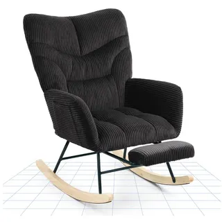 FLEXISPOT Schaukelstuhl mit Hoher Rückenlehne & Fußstütze, Relaxsessel, Schaukelsessel (Moderner Schwingsessel mit Holzkufen, mit Seitentasche), Gepolsterter Relaxsessel für Wohnzimmer & Schlafzimmer schwarz