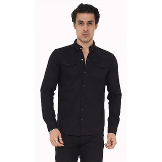 Megaman Jeans Langarmhemd Herren Hemd Basic Freizeithemd Unifarben Langarm Slim-Fit schwarz 3XL