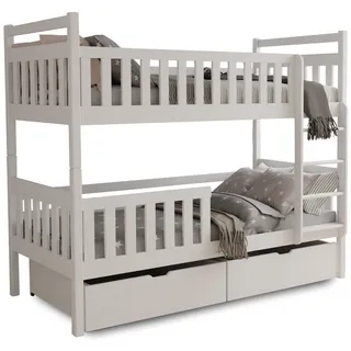 Deine Möbel 24 Etagenbett Kinderbett MICO für 2 Kinder in 90x200, Farben: Weiß / Cashmere (Matratzen optional, 2-St., Bett, mit Lattenrost, Rausfallschutz, 2 Schubladen und Leiter), aus Massivholz Vollholz, in 2 Kinderbetten umbaubar weiß