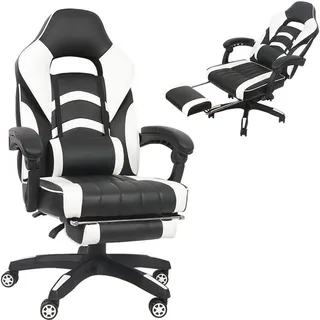 Gamingstuhl Weiß/Schwarz Chefsessel Drehstuhl Bürositz Schreibtisch Fußstütze - Weiß