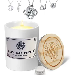 *ALSTER HERZ* Schmuckkerze, Kerze im Glas mit Deckel, handgefertigt, Halskette, Silber, Modeschmuck, ohne Duftstoffe, originelle Geschenkidee, Made in Hamburg (Weiß)