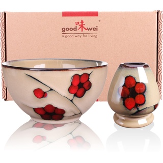 Goodwei Matcha Schale – Tasse für Zeremonie japanischer Tee aus Keramik (Schale und Chasentate, Plum)