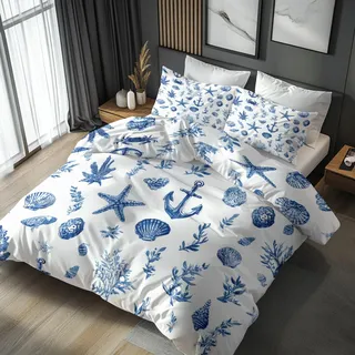 Generisch Bettwäsche 155x220 Maritimes Küstenmotiv Design, 2tlg - Blaue Muschel Bettbezug und 1 Kissenbezug 80x80, Mikrofaser Wendebettwäsche mit Reißverschluss, Schlafzimmer Deko L&-8178