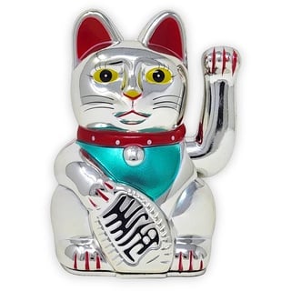 Starlet24® Winkende Glückskatze Winkekatze Lucky Cat Maneki-Neko Winkende Japanische Maneki-Neko batteriebetrieben (Silber, 15cm)