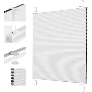 Grandekor Wabenplissee ohne Bohren Weiß-Weiß 80x200cm (BxH) | Verdunklungsplissee Klemmfix Plissee ohne Bohren Verdunkelung Thermo Rollo Wärmedämmung, Privatsphäre - & Sonnenschutz