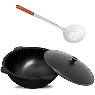 Wok Gusseisen 8 L (runder Boden) Kazan mit Schaumkelle NAMANGAN Uzbek Kasan Uzbekisch Asia WOK Cast Iron KESSEL Camping Usbek Schwenktopf Topf mit Aluminium Deckel Grillwok Gusstopf Wokpfanne