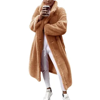ORANDESIGNE Khaki Taschen Knöpfen Umlegekragen Langarm Oversize Winter Dicker Warmer Lange Teddymantel Damen Mode L - L