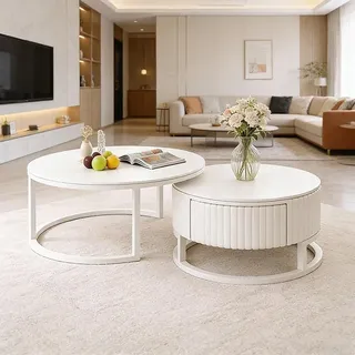 JPQTRYDRIS Marmor Rund Couchtisch Weiss Wohnzimmertisch 50+70cm Couchtisch 2er Set Satztische Kaffeetisch Für Schlafzimmer, Mit Schublade