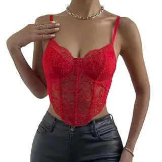 Haibang Damen Crop Top Spitze Sexy Spaghetti Bauchfrei Oberteile V-Ausschnitt Bralette Spitzen Corset Korsett Slim Fit Camisole Spitzentop Sommer Cami Tank Top - S