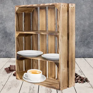 3 Regalkisten flach mit 3 Fächern in geflammter Optik - Obstkiste mit Regalboden flambiert - neue flammbierte Holzkisten als Gewürzregal Wandregal Kosmetikschrank Badregal Küche 50x40,5x16cm