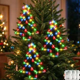 Dekofun Weihnachtsdeko, 3 Stück 55 LED Weihnachtsbeleuchtung Fenster | Hängende Metall Led Weihnachtsbaum mit Batterie und Timer, Wasserdicht Fensterlicht Weihnachten für Außen Innen Deko