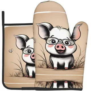 YYHWHJDE Lustige Ofenhandschuhe und Topflappen mit Schweinchenmotiv, 2er-Set, zum Backen von Topfdeckeln in der Küche und zum Transportieren von Geschirr aus der Mikrowelle