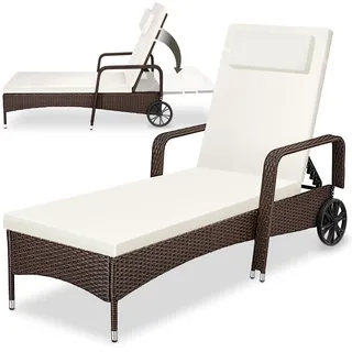 tectake Poly Rattan Gartenliege mit Rollen, 6-Fach höhenverstellbarer Liegestuhl, bis 120kg belastbar, Sonnenliege Rattan (wetterfest), Liege inkl. Polster und Kissen - braun gemischt